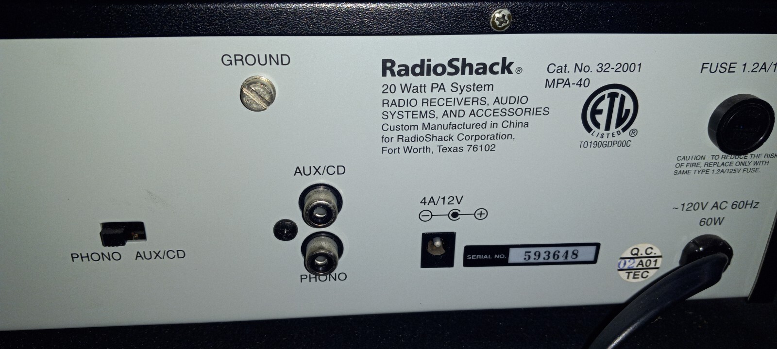 RadioShack MPA-40 20 Watt PA System Amplifier Power Amp - Aux/CD & Phono vg