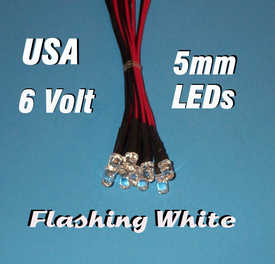 10 FLASHING LEDS 5mm PRE WIRED 6 VOLT WHITE 6V BLINK