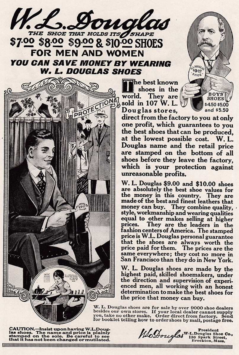 1920 W L Douglas Shoes: Best Known Shoes, Protection Vintage Print Ad