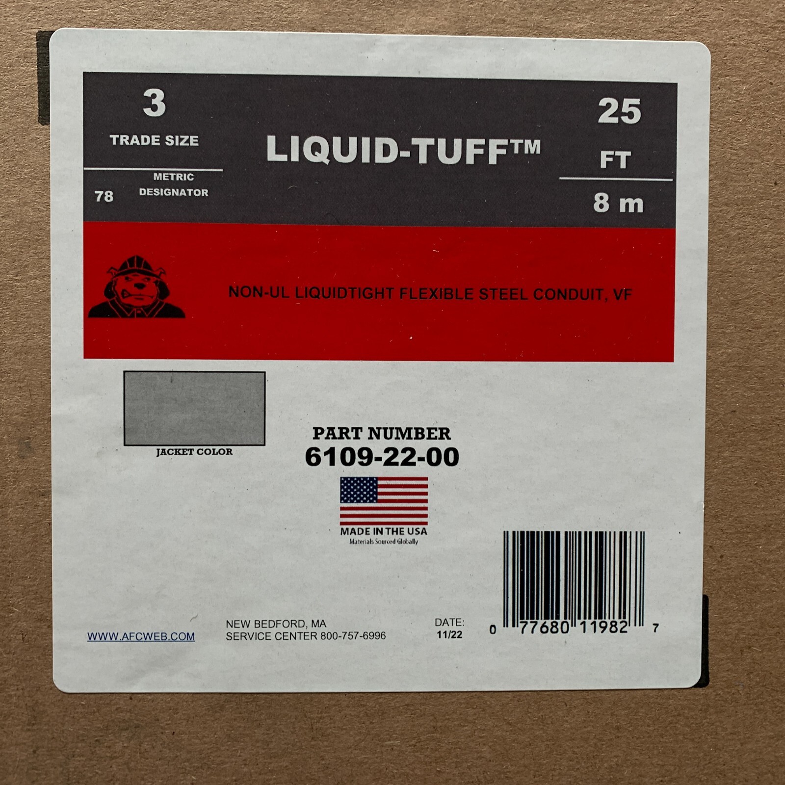 Atkore AFC 6109-22-00 Liquid-Tuff Flexible Steel Conduit 25ft Trade Gray Non-UL