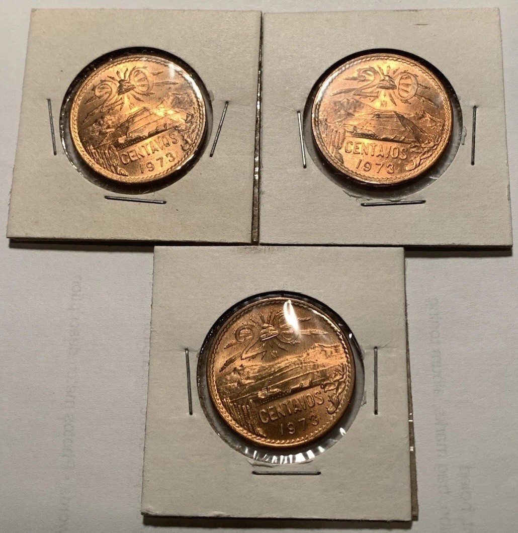 Mexico 1973 20 Centavos - Pyramid of the Sun Teotihuacán - 3 Coin Lot - BU Red