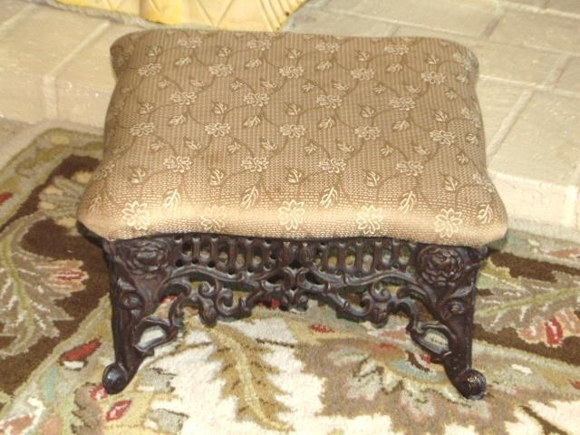 Vintage Sturdy CAST IRON Pierced Roses Filigree Covered FOOTSTOOL