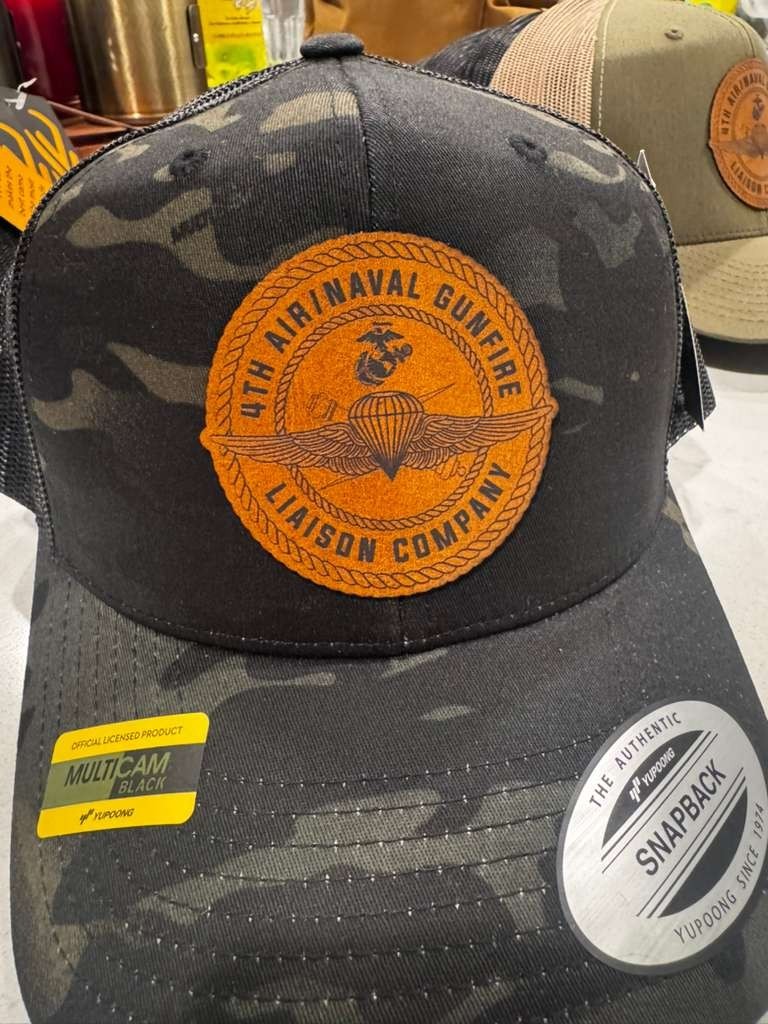 4th ANGLICO Saddle Brown Leather Patch Hat | MultiCam Black Trucker Snapback