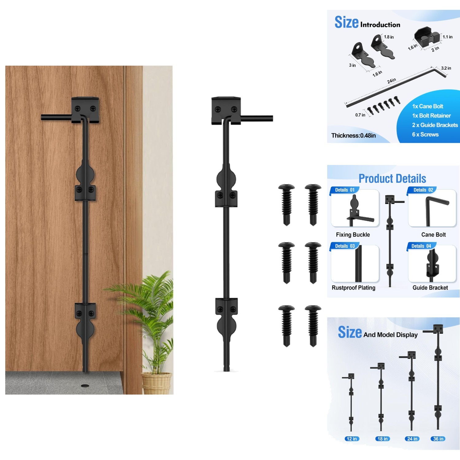 24" Heavy Duty Cane Bolt Gate Drop Rod Ground Latch for Wood Metal Vinyl Fence