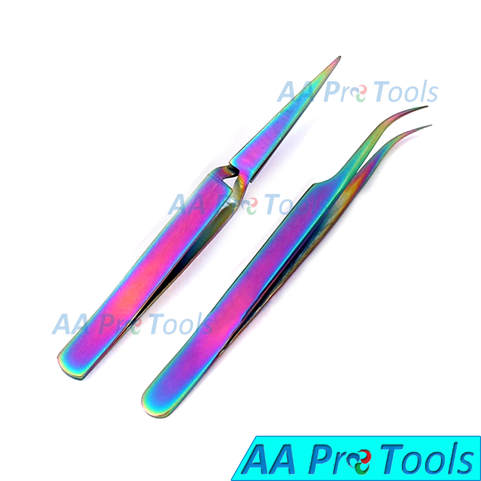 2 Pcs Multi Rainbow Color Eyelash Extension Tweezers X Type + Semi Angled Curved