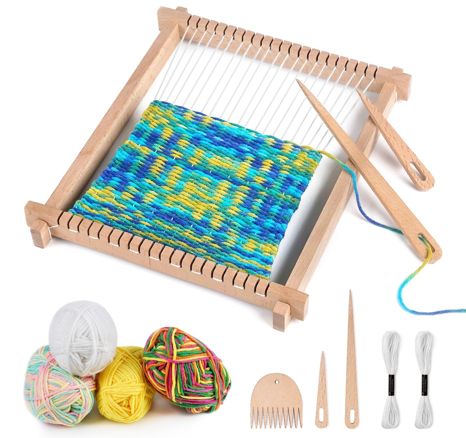 9x11 Weaving Loom Kit Kids DIY Craft Set Wooden Loom Shuttles Yarns