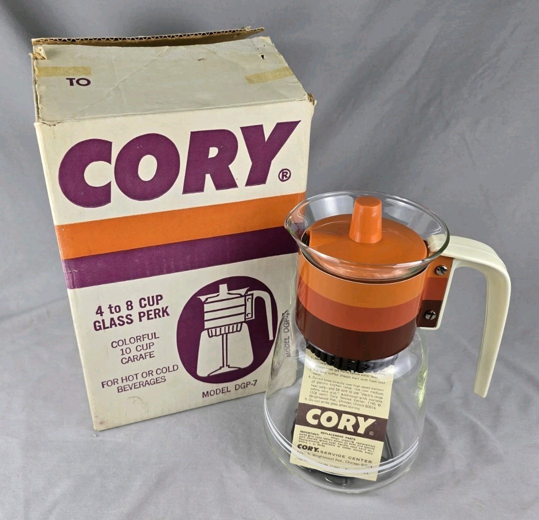 Vintage NOS Cory Stove Top Glass Percolator 4 to 8 Cup Coffee Pot Striped Orange