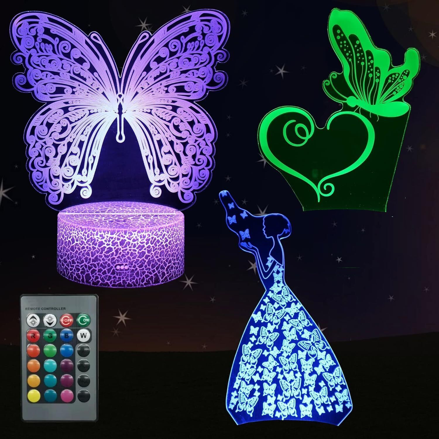 Kids Desk Lamp 3D illusion Butterfly Remote Control 16 Colors Led Night Light