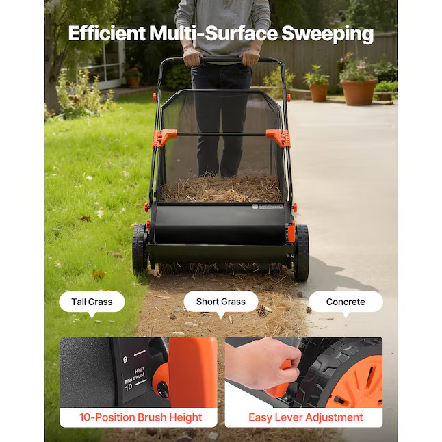 VEVOR 26" Push Lawn Sweeper w/ 7 cu.ft Hopper & Adjustable Brushes