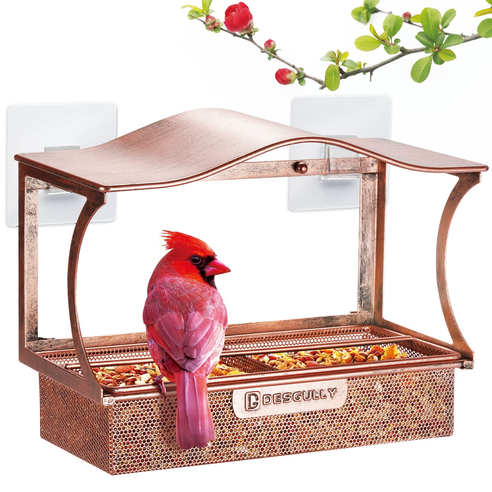 Window Bird Feeder, Metal - with Strong Suction Cups, Large Antique Copper