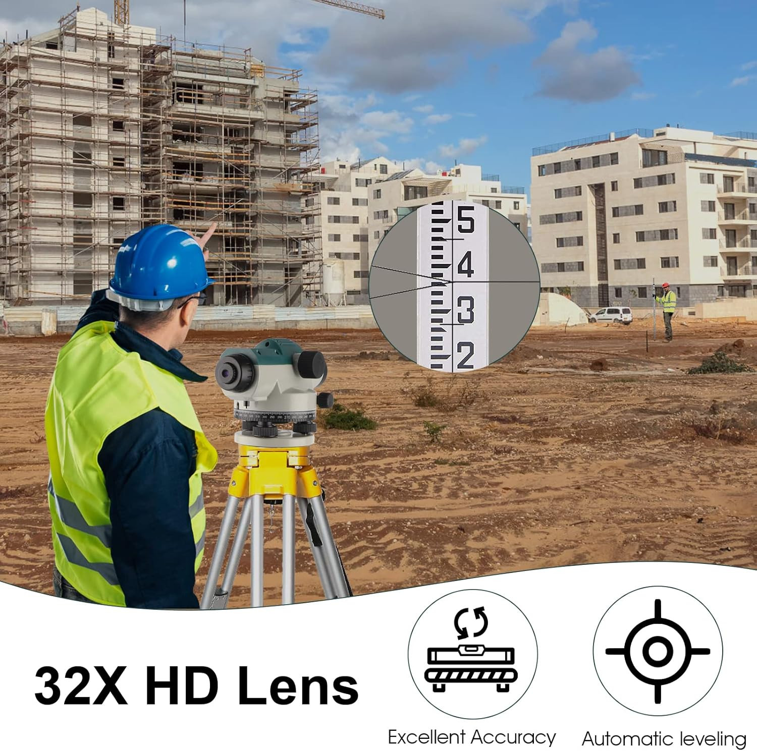 32X Automatic Optical Level Kit with Self- Leveling Magnetic Dampened Compensato