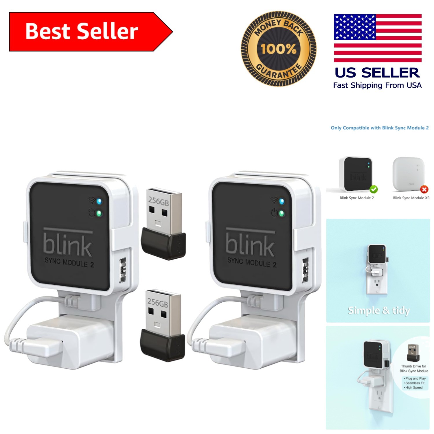 2-Pack 256GB Blink Flash Drive with Space-Saving Outlet Mount for Security