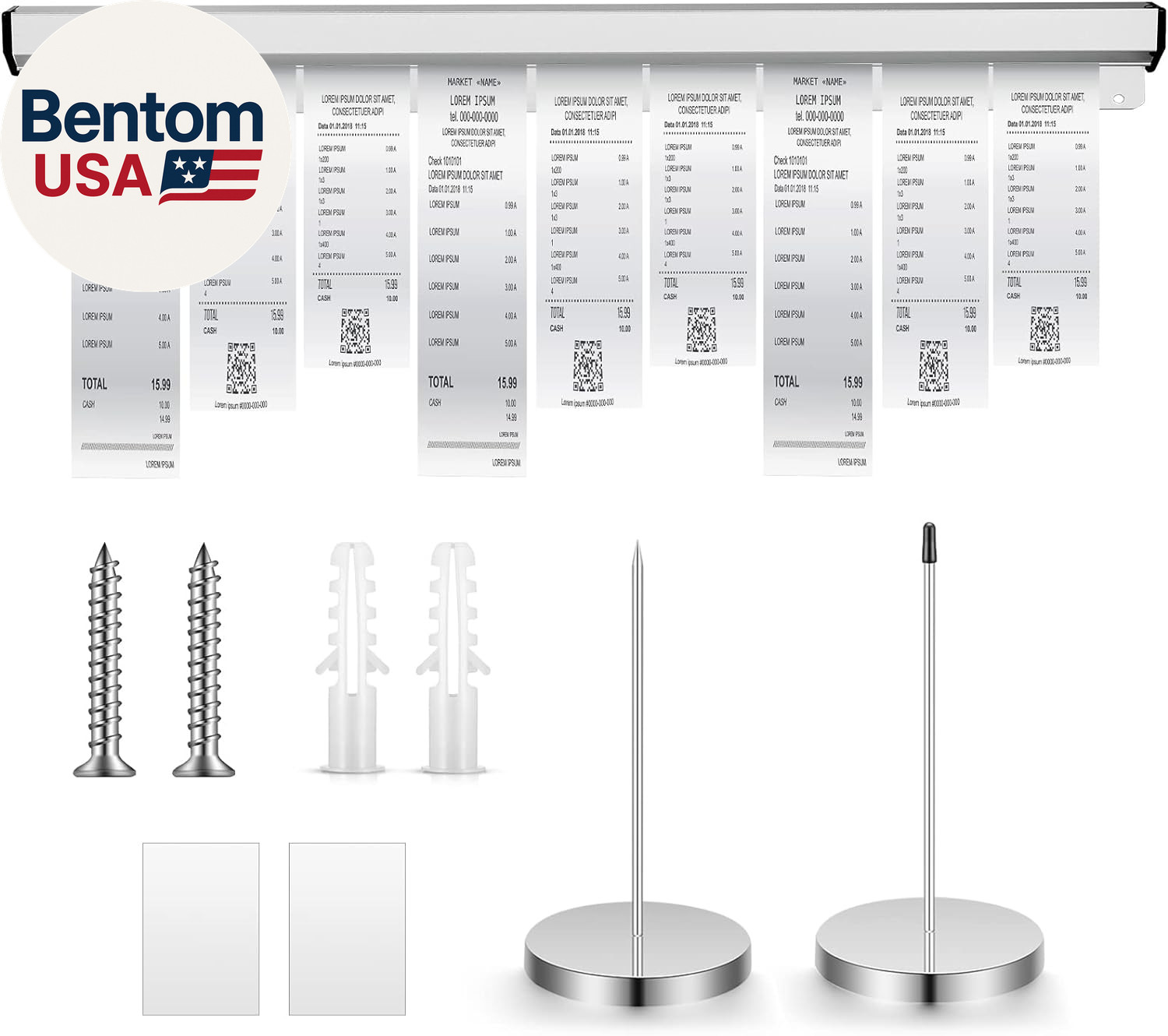 36 Inch Aluminum Slide Check Rack with 2 Pcs Receipt Holder Spike Desk Receipt S
