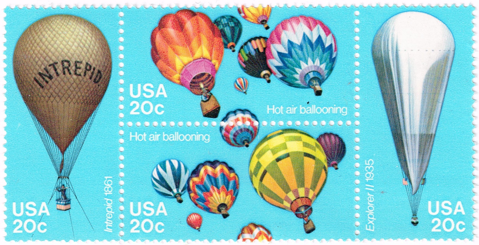 block of 4 Hot Air Balloon US Postage stamps - issued 3-31-1983 - 200th anniv.