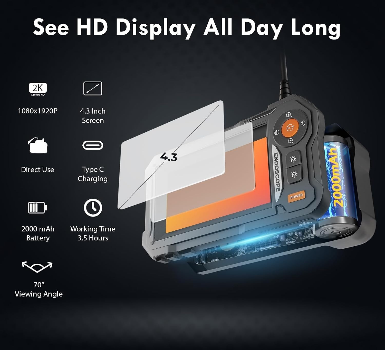 Endoscope Camera with Light, 4.3" IPS Screen, 16.4 Ft Semi-Rigid Borescope C...