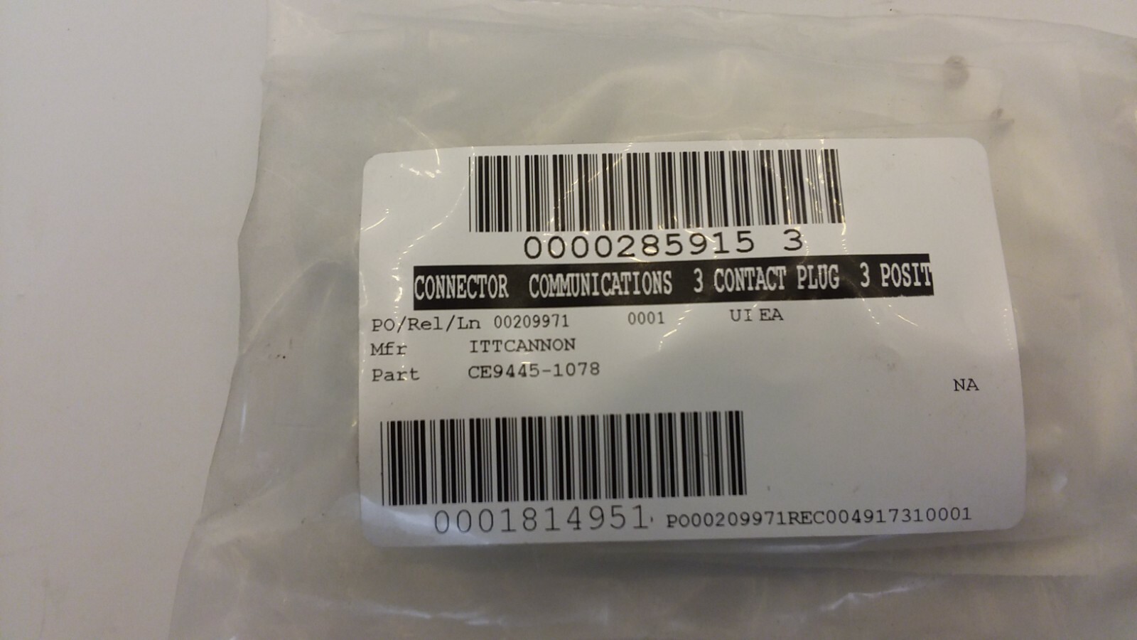 ITT CANNON 009445-1078 3 CONTACT PLUG 3 POSOITION NIB