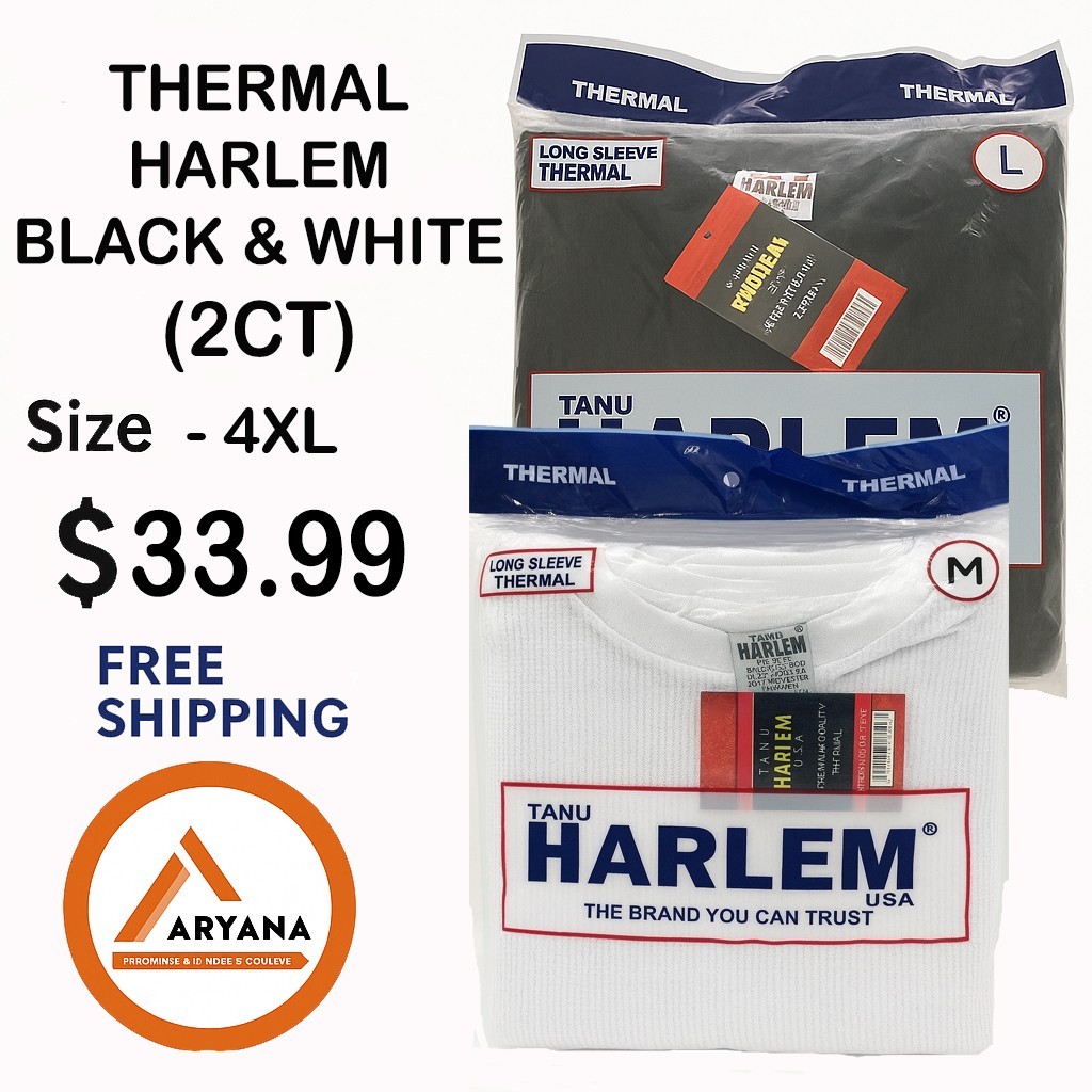 Thermal Men’s Shirts Harlem Long Sleeve – Size 4XL (1 Black + 1 White) | $33.99