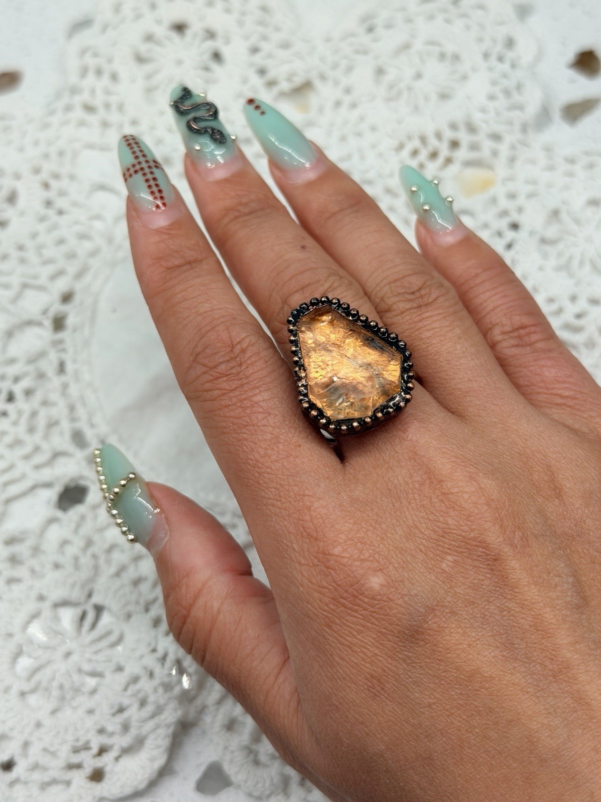 Handcrafted Copper Ring Bronze Natural Citrine Freeform Bezel Statement Bohemian