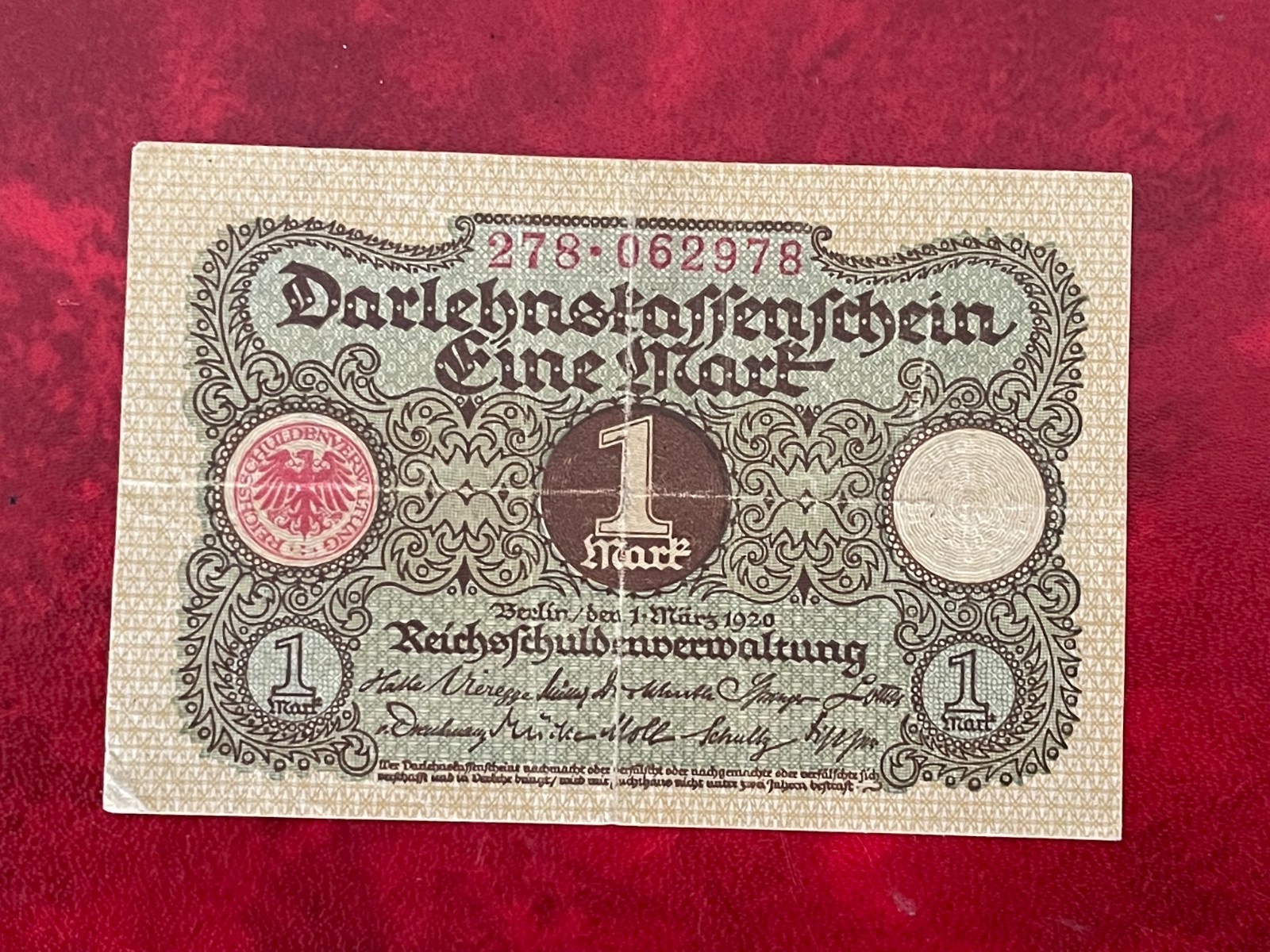 1920 GERMAN 1 MARK BANKNOTE (2)-VERY GOOD