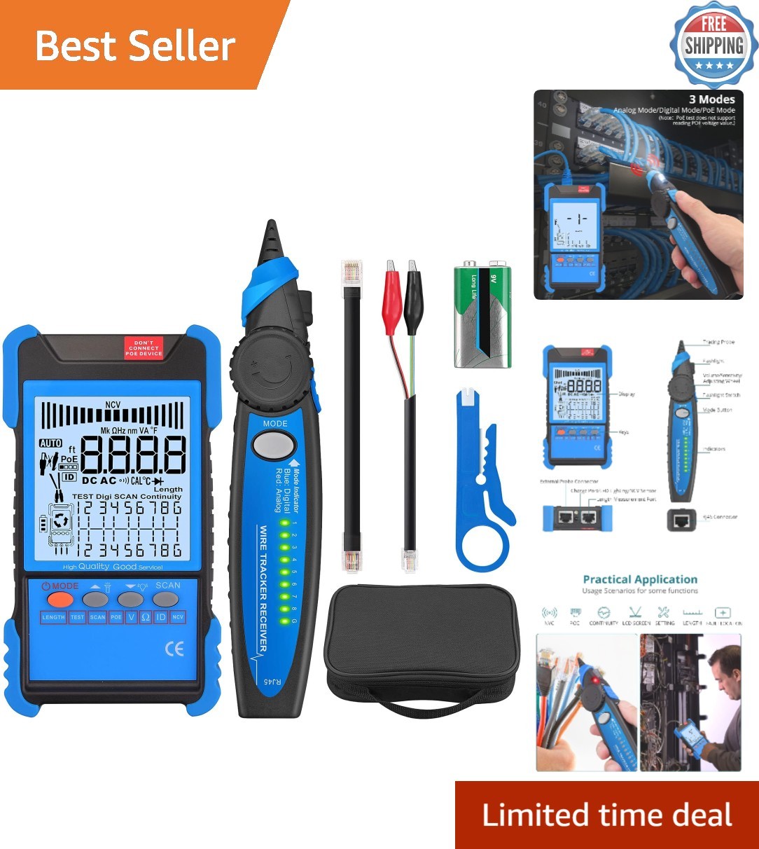 Professional Network Cable Tester with Dual Mode NCV & POE - Clarity in Testing