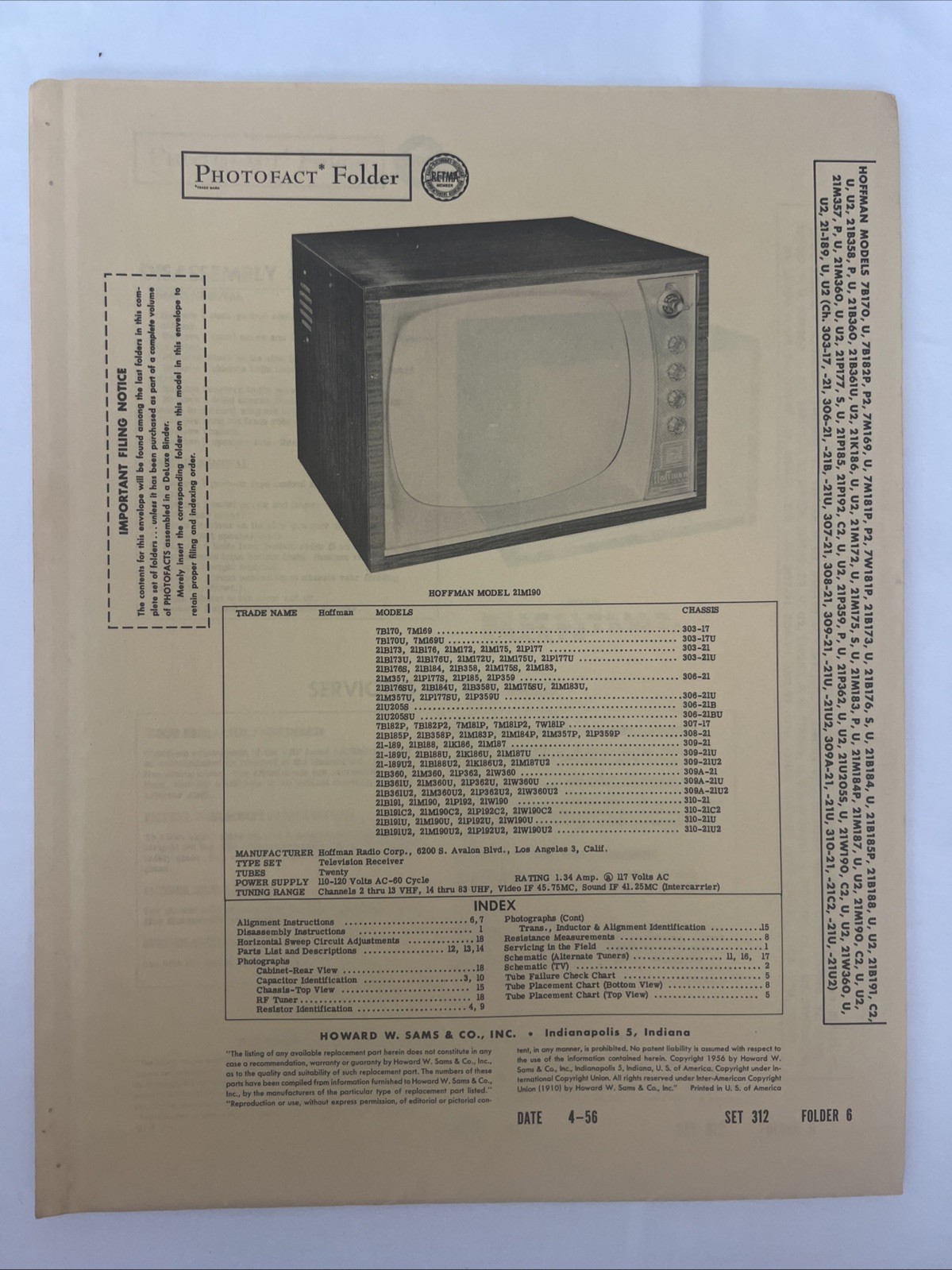 Vintage Sams Photofact Schematic 4-1956 HOFFMAN MODELS 7B170, U, 7B182P, P2,