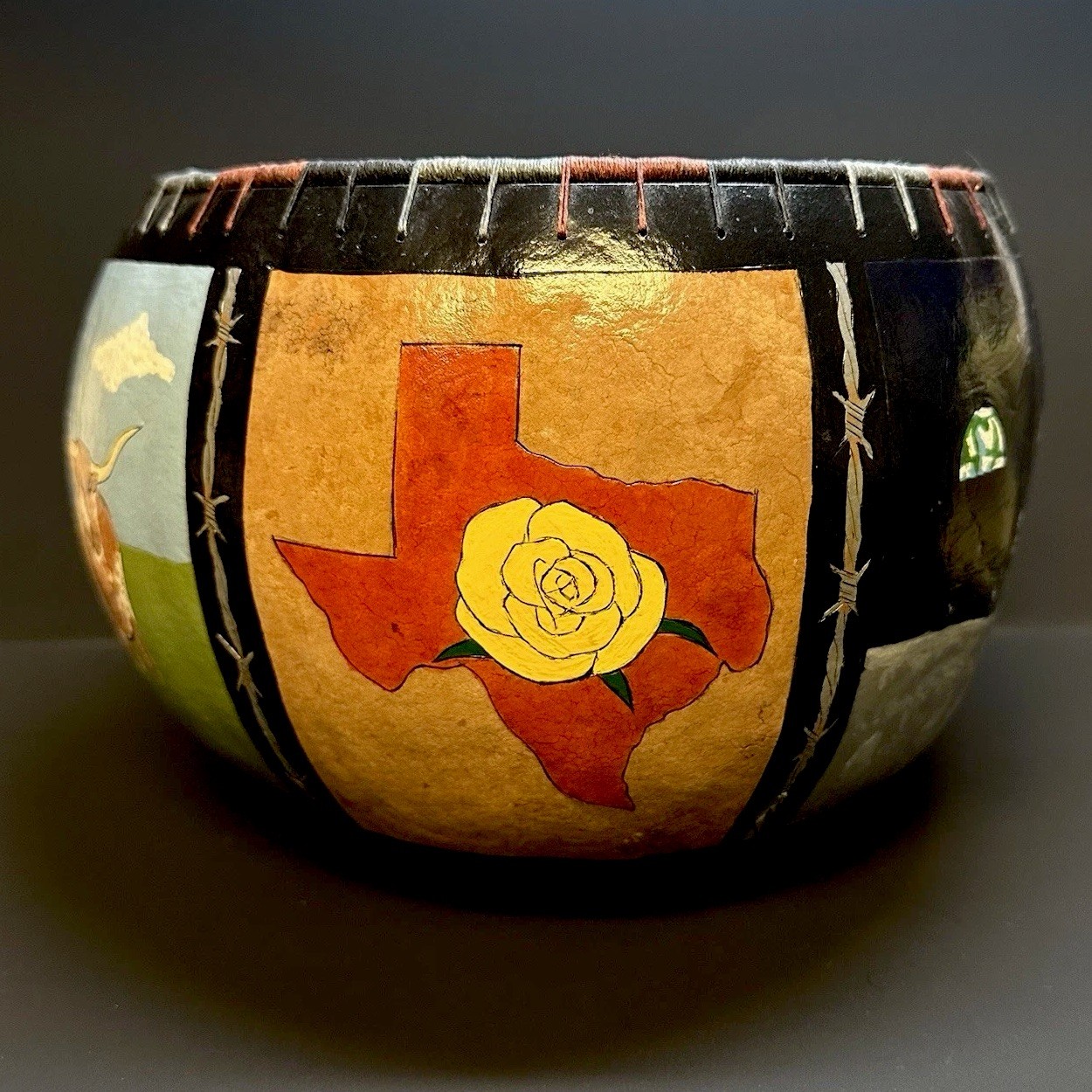 Handcrafted Lg Gourd Bowl Planter Painted Texas Lone Star State Nasa Bluebonnet