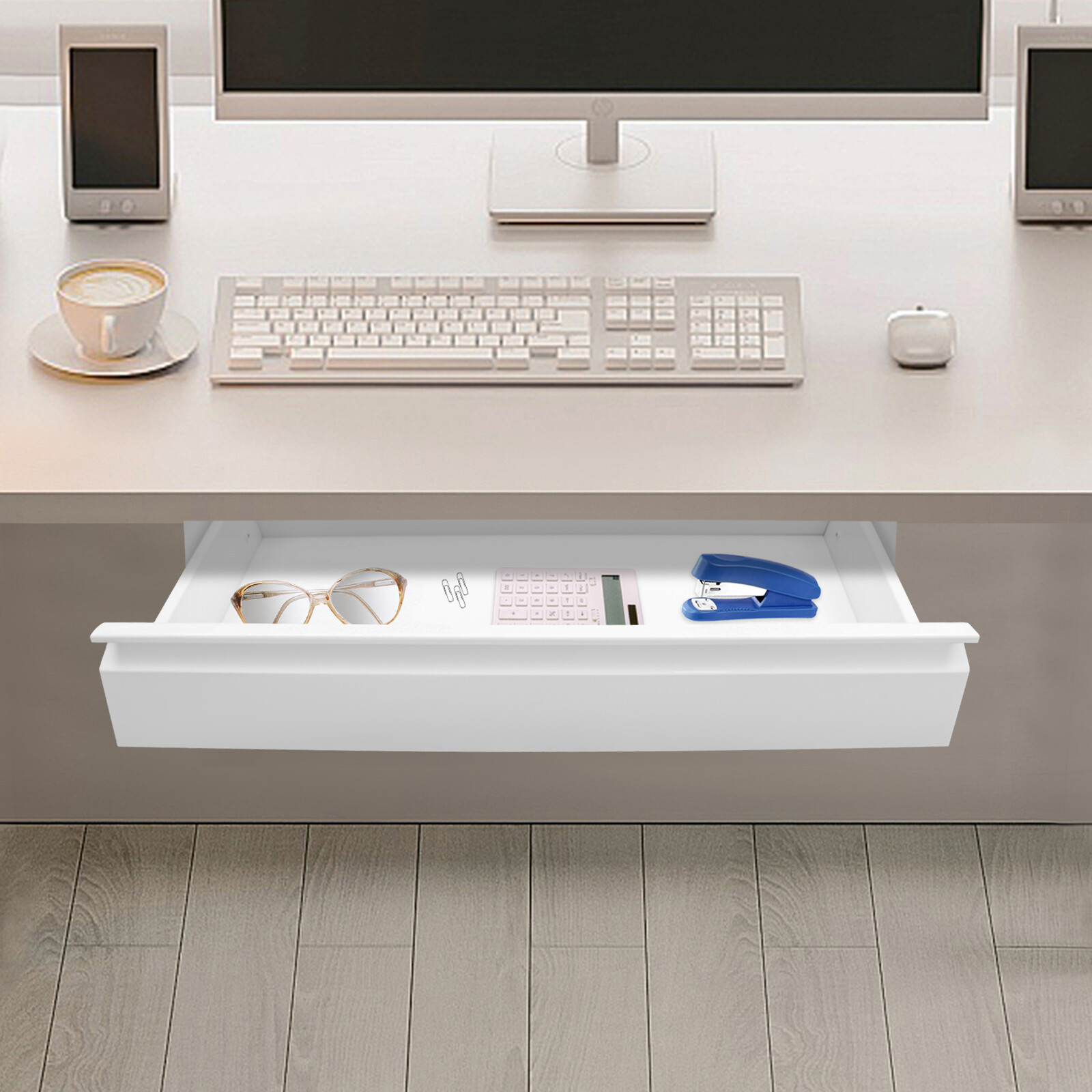 22" Desk Drawer Organizer Tray, Slide Out Office Under Desk Organizer Tray White