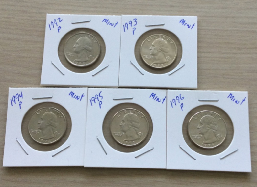 5-Washington Quarters (9p1-5)Mint Uncirculated Quarters 1992p-1996p