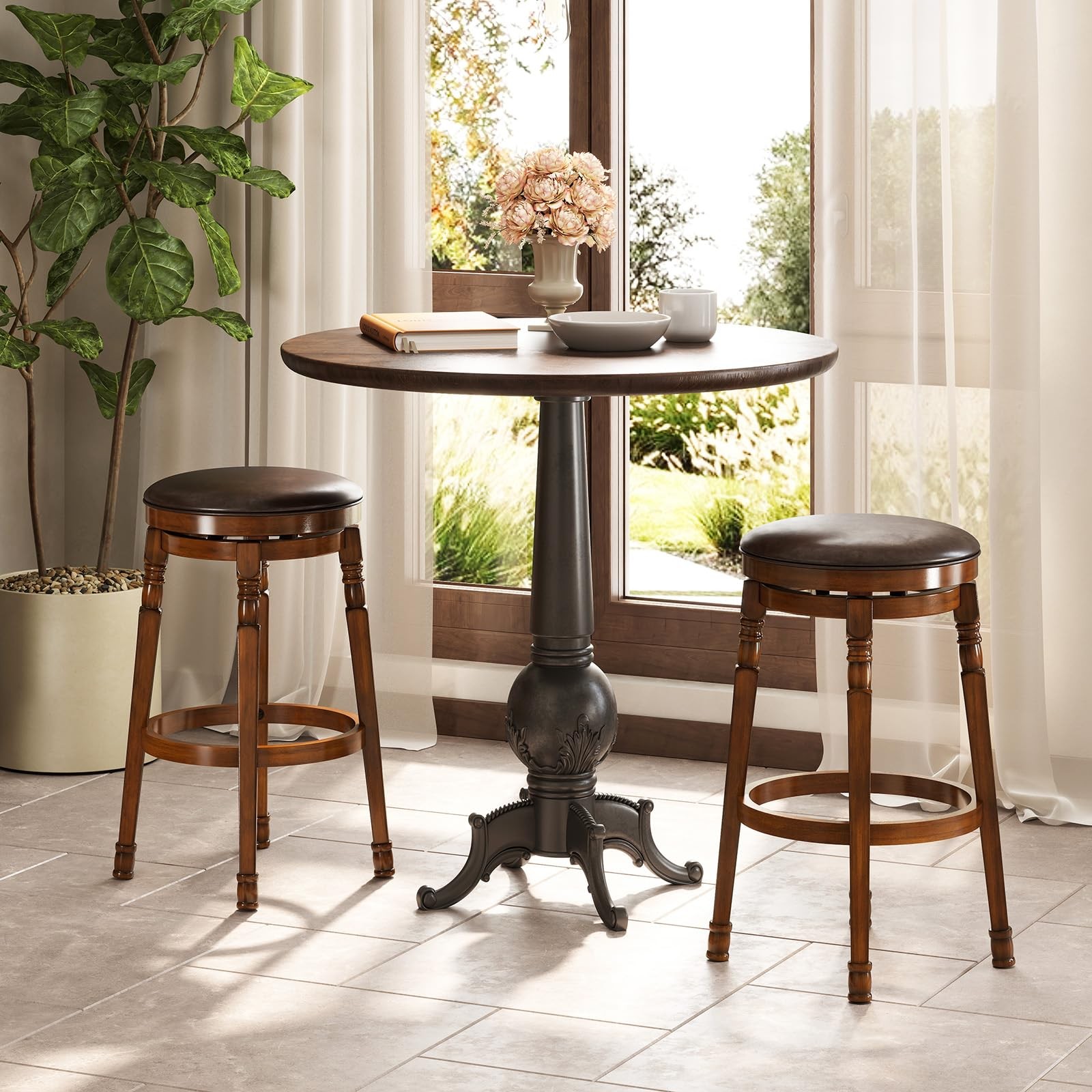 Swivel Bar Stools Set of 2, 29" Bar Height Bar Stools w/Faux Leather Padded S...