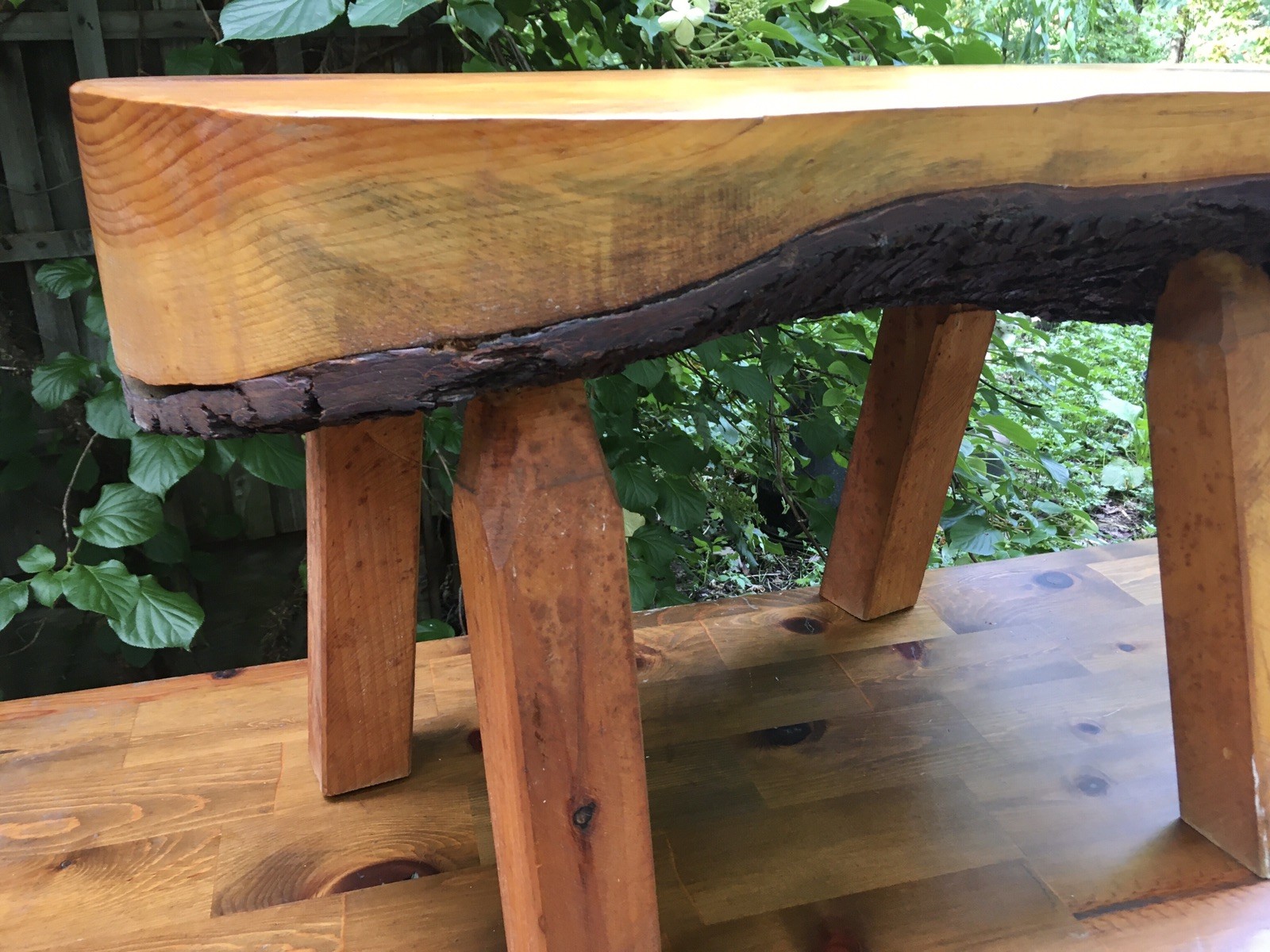 Vintage Handmade Primitive Wooden Log Bench Coffee Table w Bark Underside