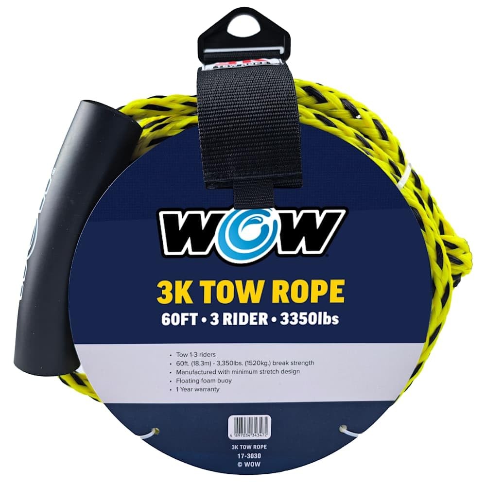 WOW Sports 3k 60 ft. Tow Rope with Floating Foam 3K Towing Capacity, Yellow