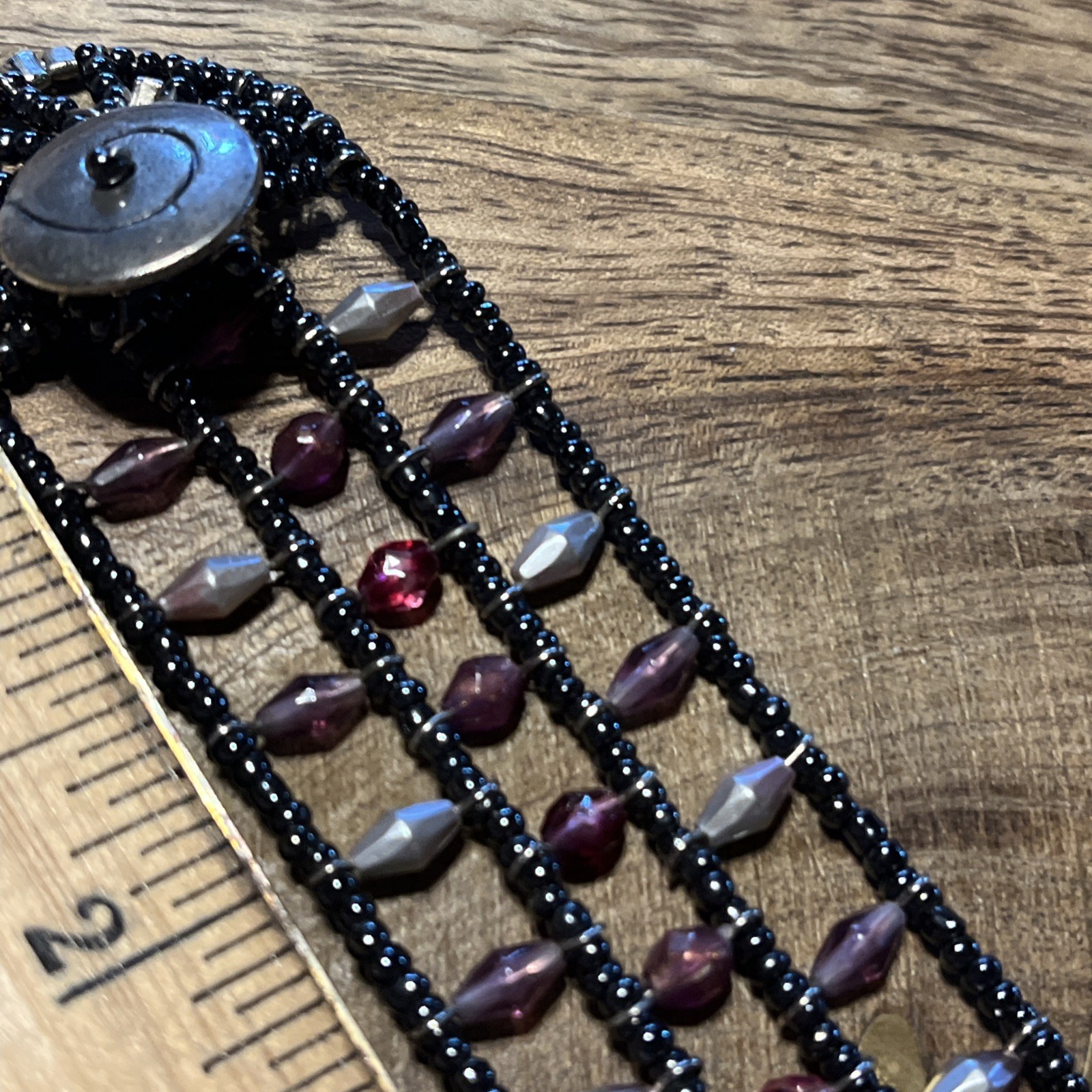 Boho Wrap Bracelet Black & Pink Crystal Beads Silvertone Swirl Button