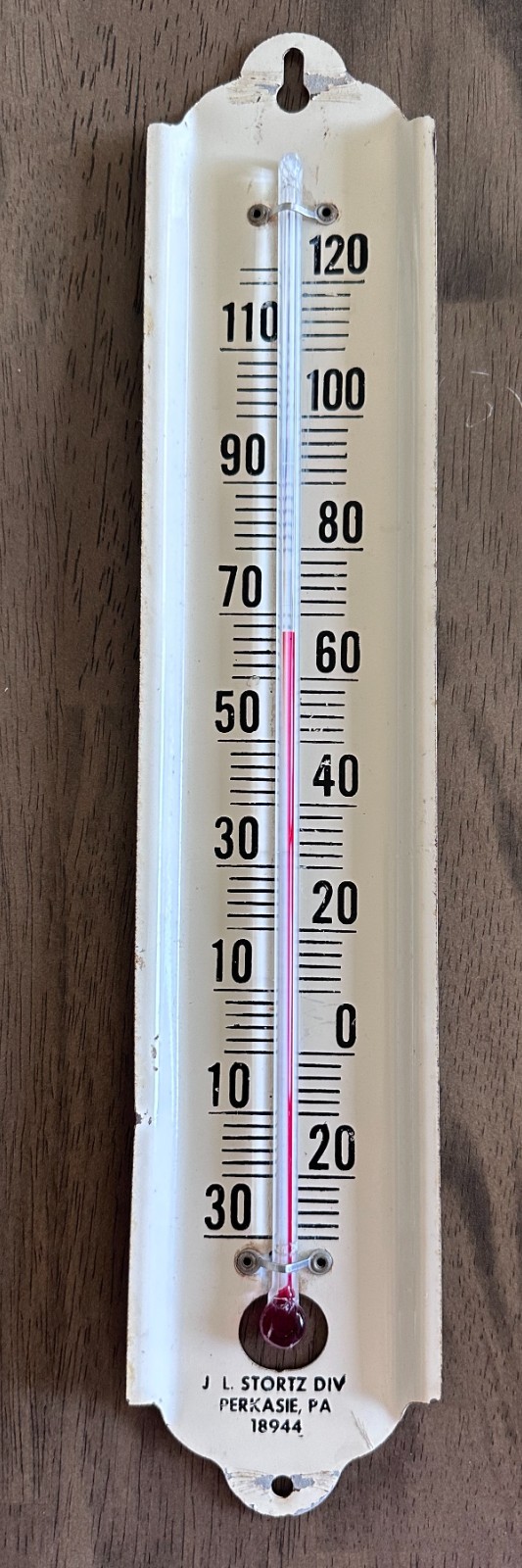 Vintage Metal Thermometer J.L. Stortz PERKASIE PA. 13" Long Works
