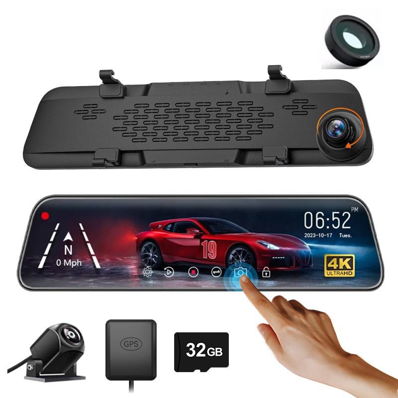 WOLFBOX 4K G840S 12" Dash Cam Car Rear Mirror View Backup Dual Camera With CPL