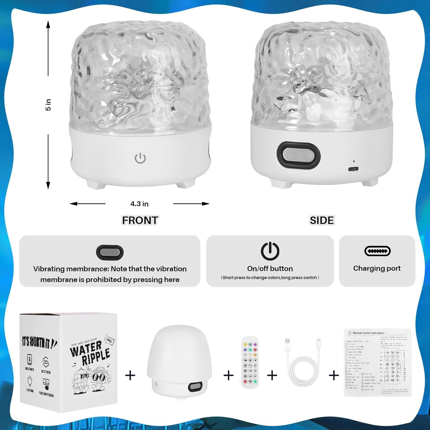 Ocean Wave Night Light Cordless Projector Lamp 16 colors