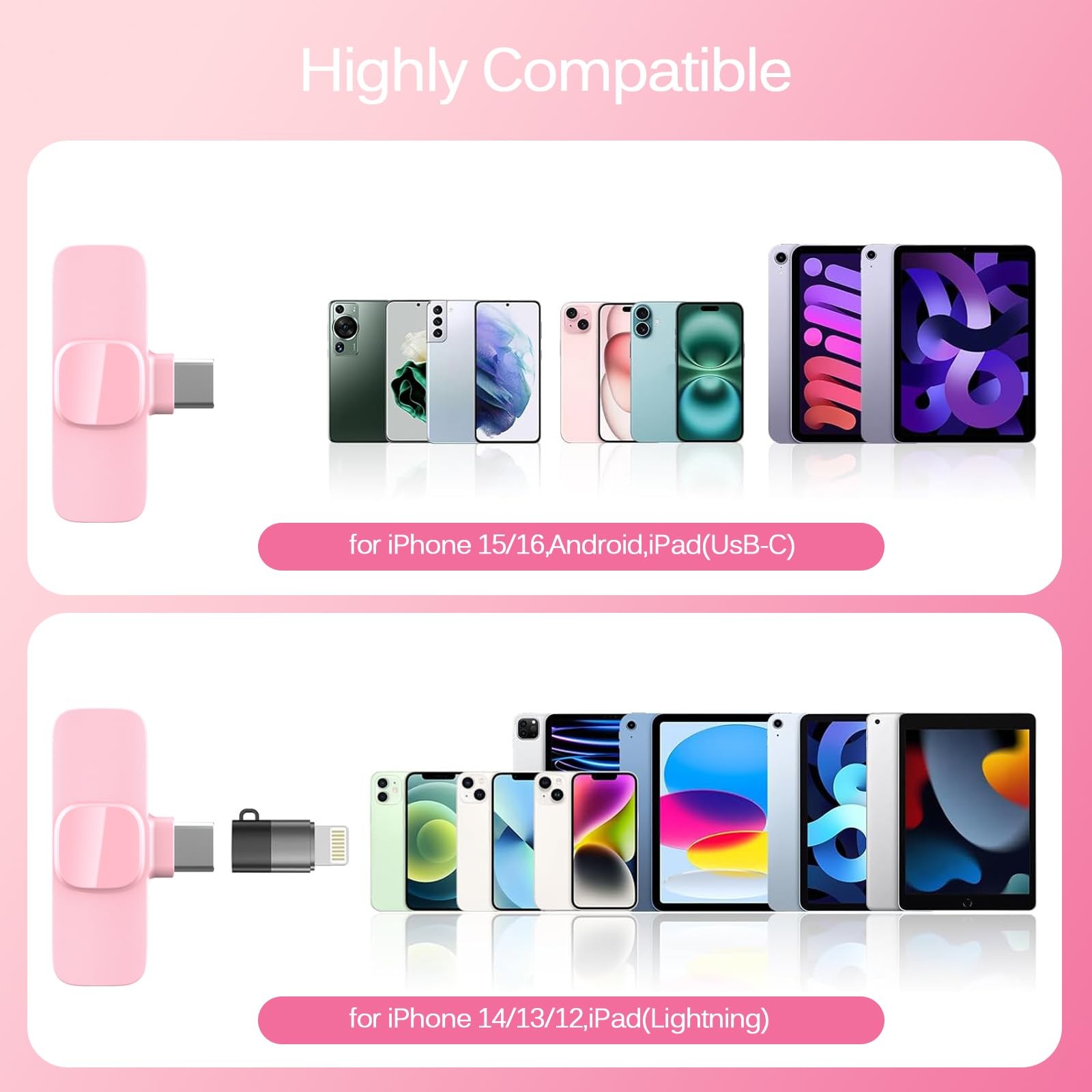 Pink Wireless Lavalier Microphone for iPhone & Android - Mini Clip-On