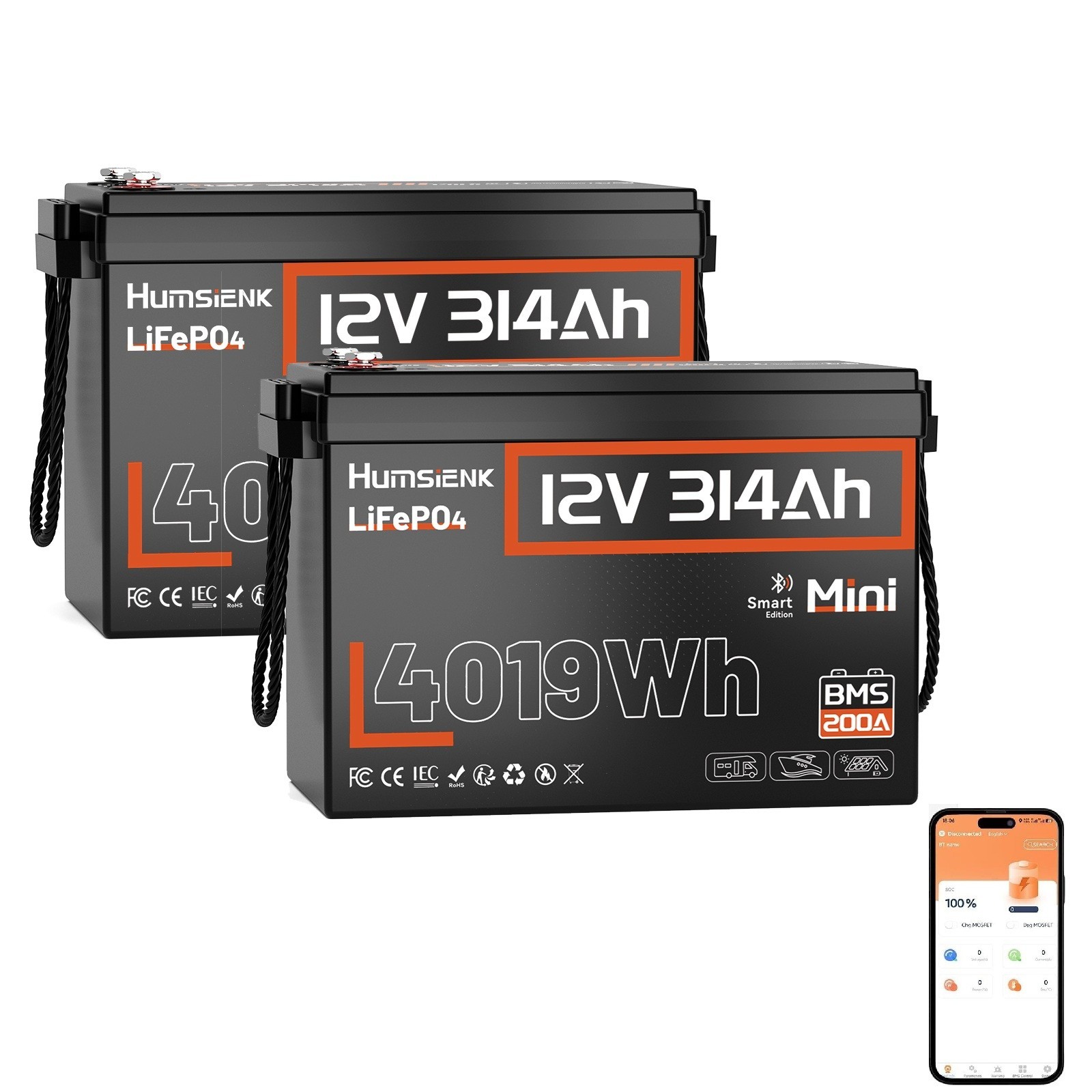 2Pack 12V 300Ah Lithium LiFePO4 Battery 200A BMS for Golf Cart RV Solar Panel