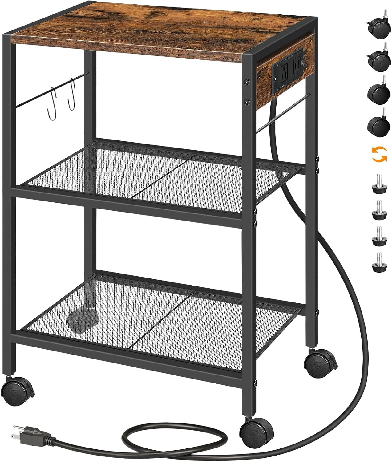 Industrial Printer Stand, 3-Tier Mobile Printer Table, Rolling Cart with Power O