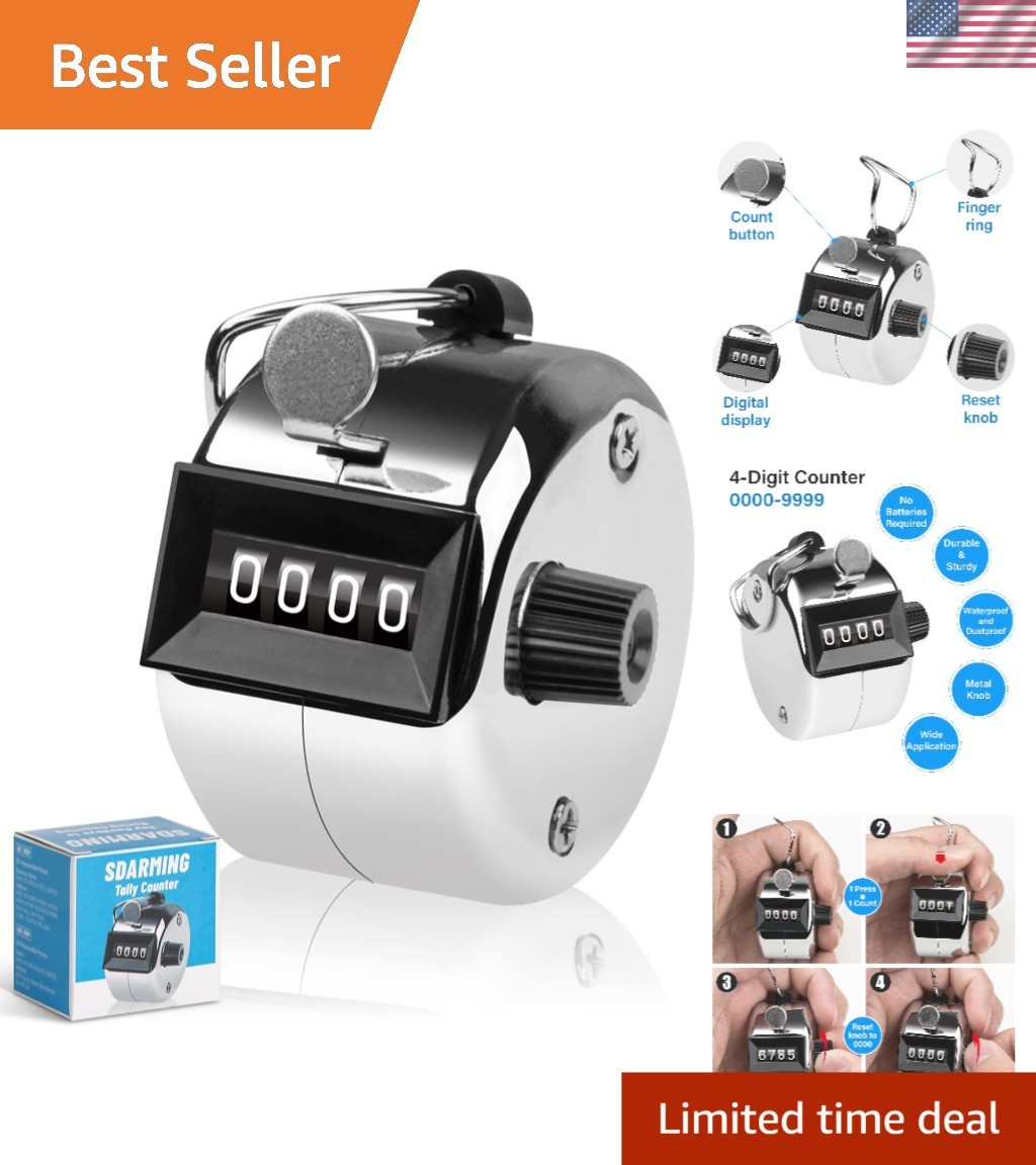 Durable Metal 4-Digit Tally Counter for Precise Counting - No Batteries Needed