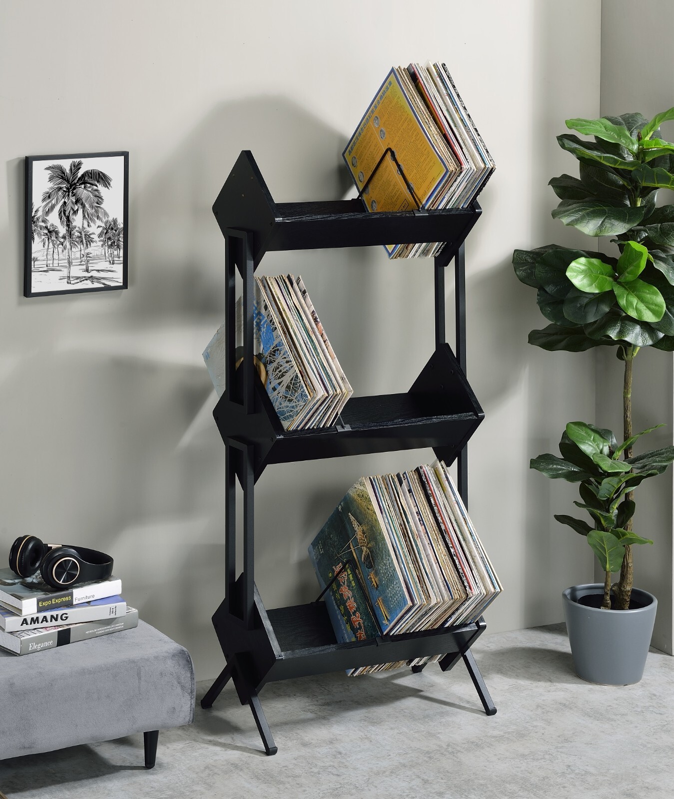 Musiea 3 Tier Vinyl Record Holder, LP Storage Shelf, Record Storage Rack Black