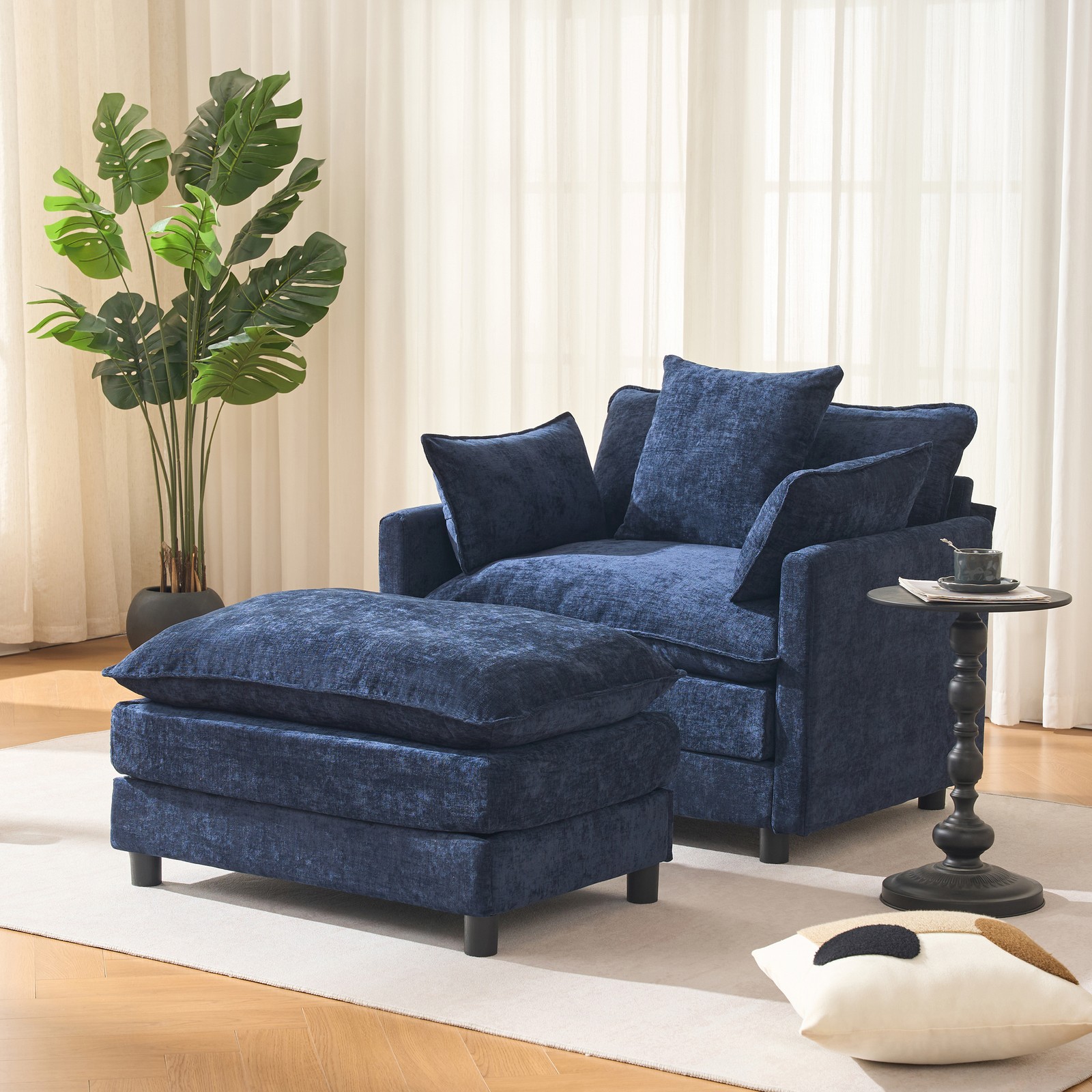 39.4" Modern Accent Chair with Ottoman, Living Room Club Chair Chenille Upholste