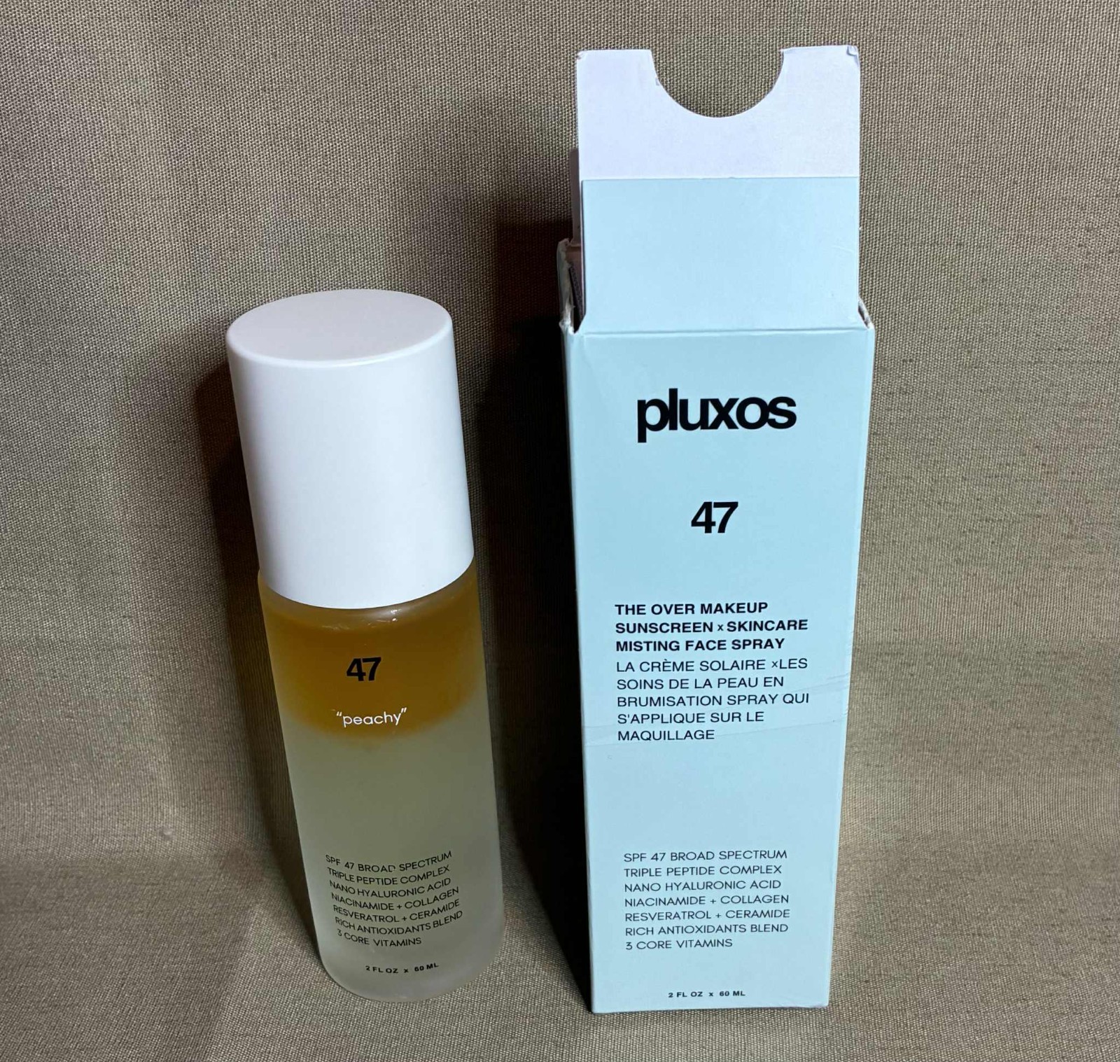 NEW Pluxos 47 Spray Formula Over Makeup Sunscreen Peachy PLEASE READ DESCRIPTION