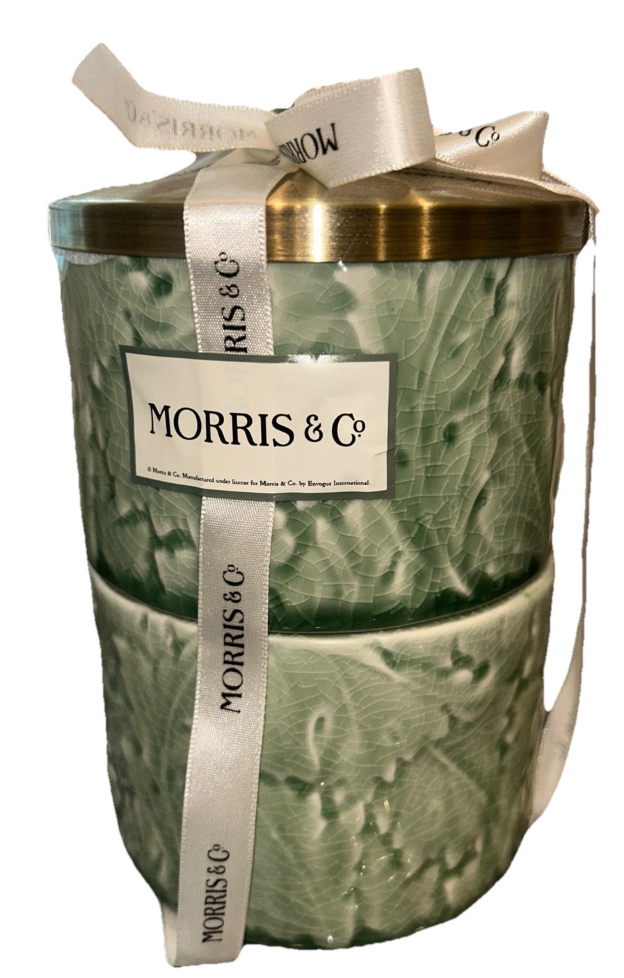 Morris and Co White Green Embossed  Stacking Jars Bathroom Vanity Accessories