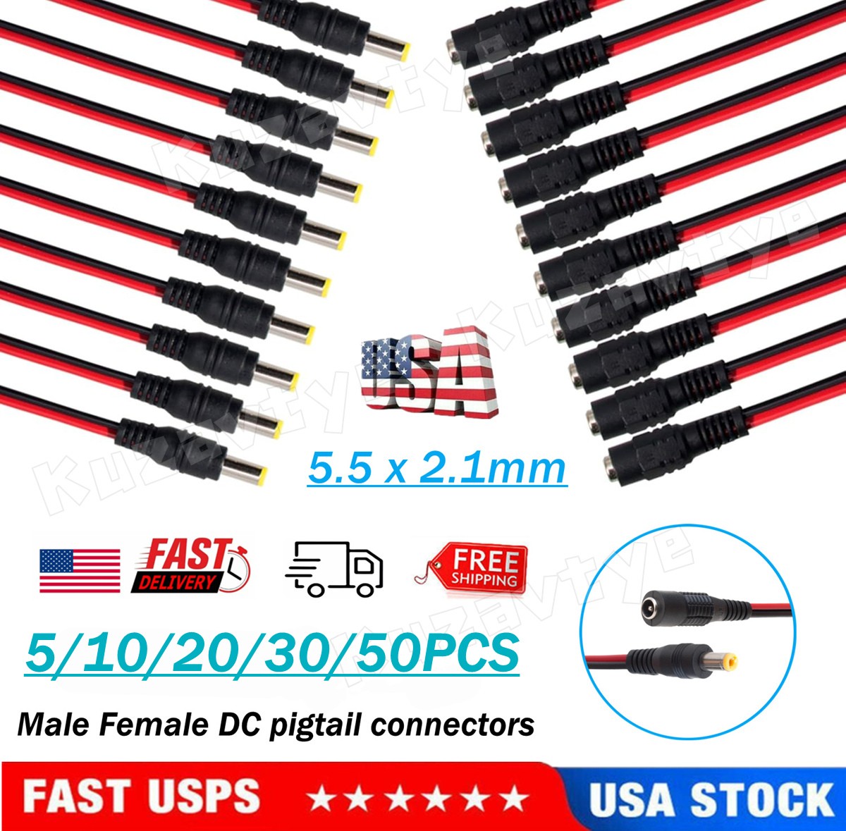 5~50x DC Power Pigtail Cable 12V 5A Male Female Plug Adapter Connector 5.5*2.1mm