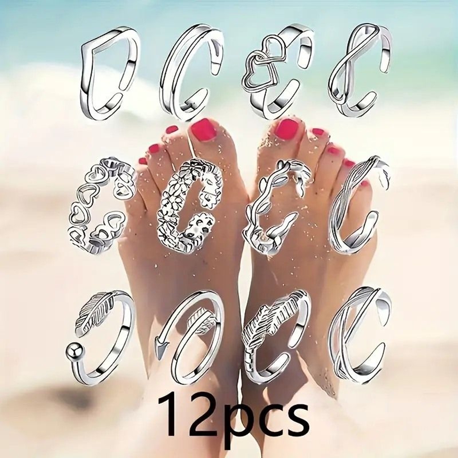 Toe Rings Set of 12 Silver NEW 0120