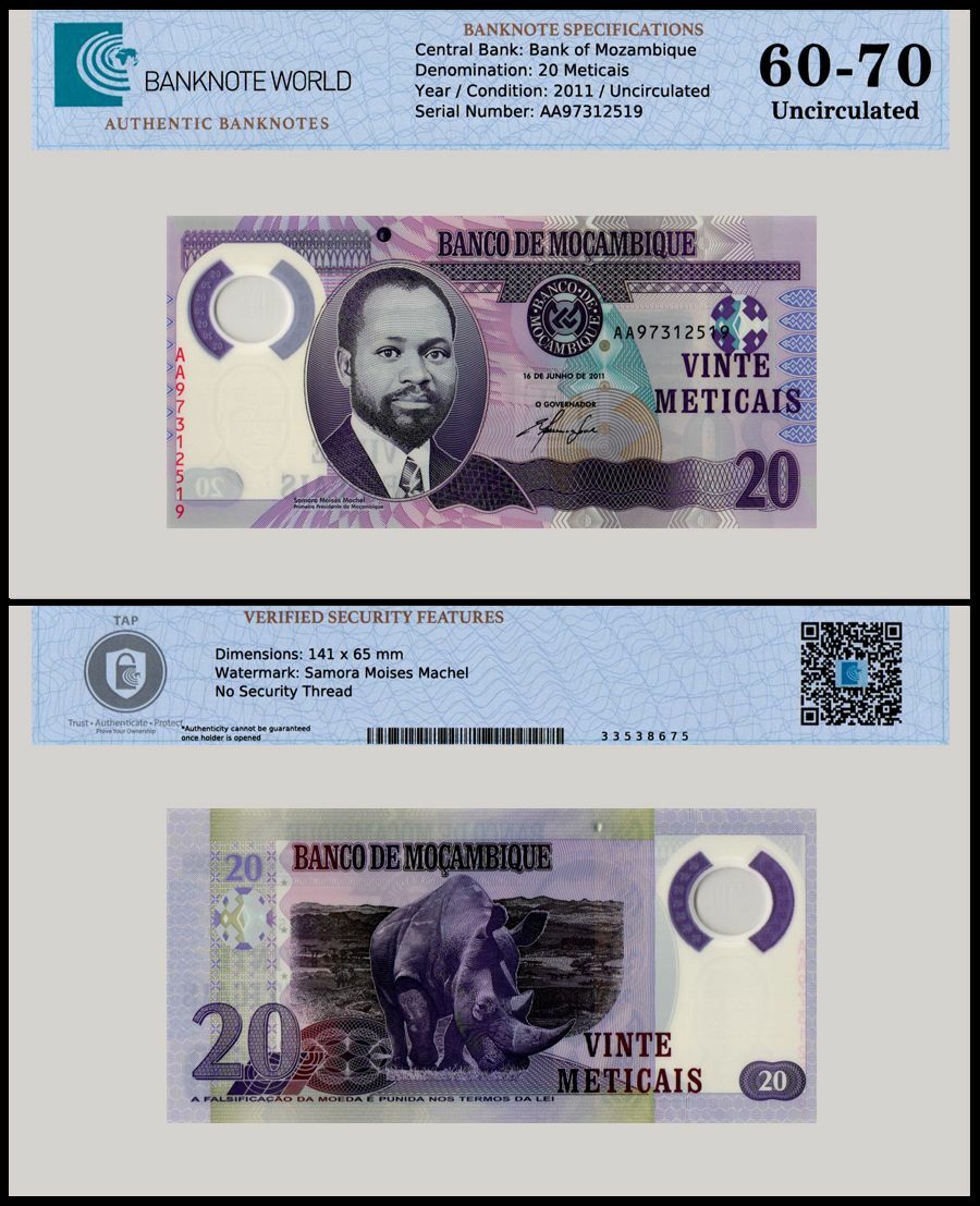Mozambique 20 Meticais, 2011, P-149a, UNC, Polymer, Authenticated Banknote