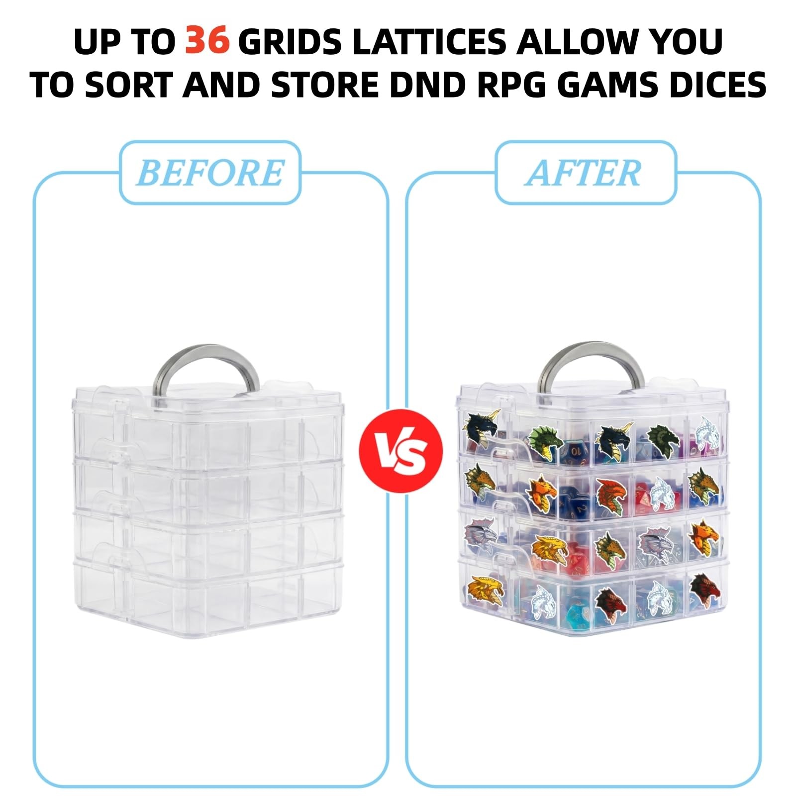 DND Dice Storage with Removable Dividers Polyhedral Dice Plastic Organizer Ho...