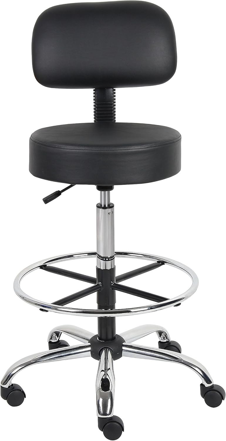 Durable Black Vinyl Drafting Stool with Adjustable Height & Plush Back Support