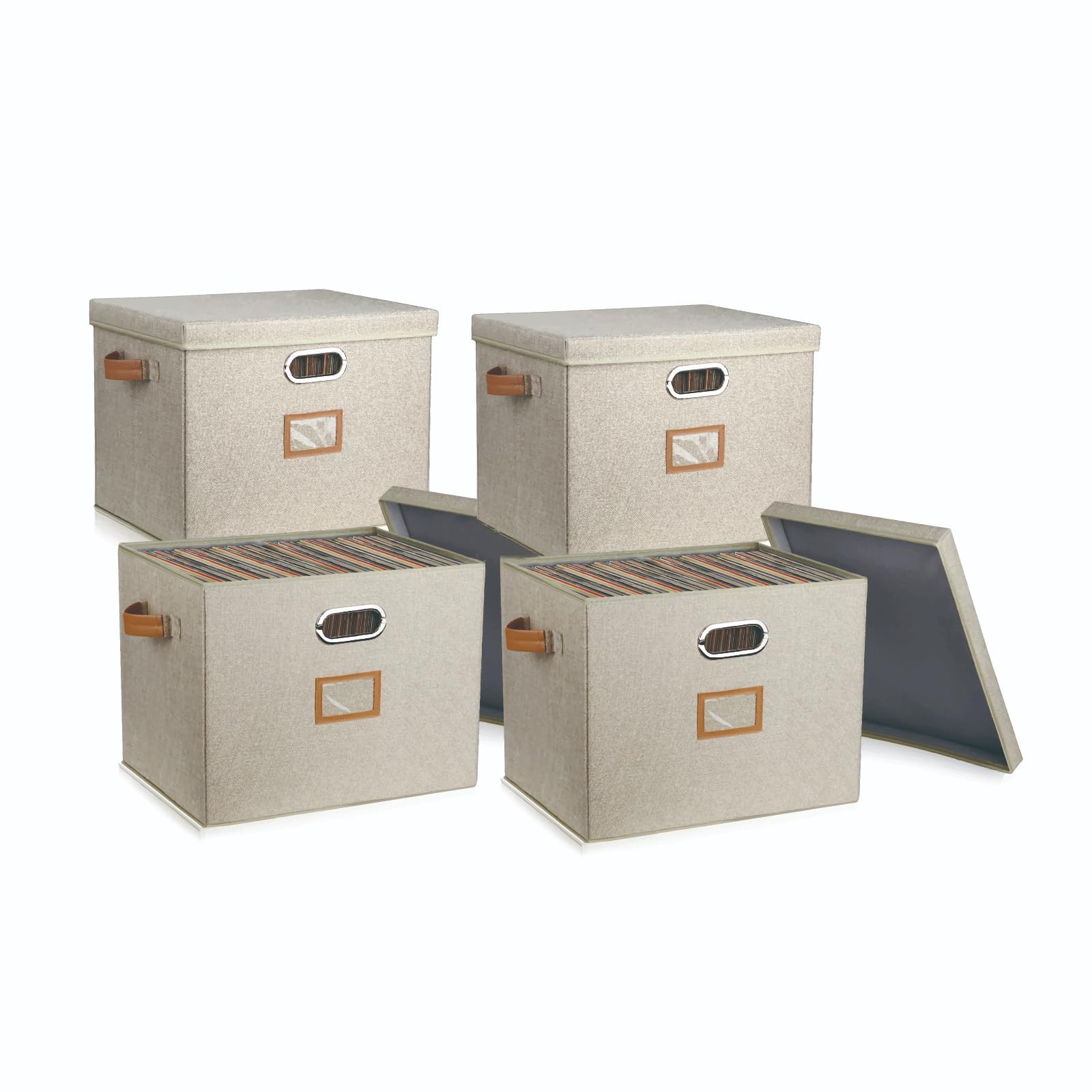 Lukeline LK-SC2128 12" Vinyl Record Storage Box with Lid Handle Beige 4 Pack 17"
