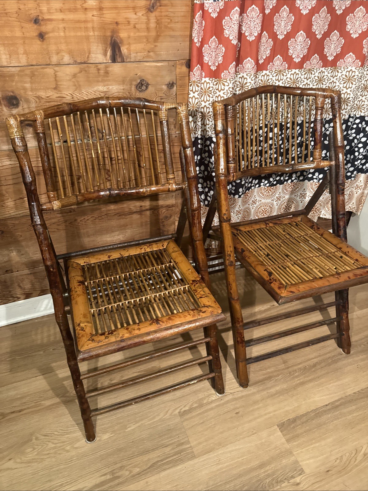 Tortoiseshell Bamboo Rattan Folding Chairs ~ Set of 2.  Vintage